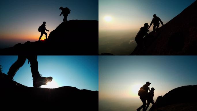 登山攀登胜利成功励志前行两个人登山