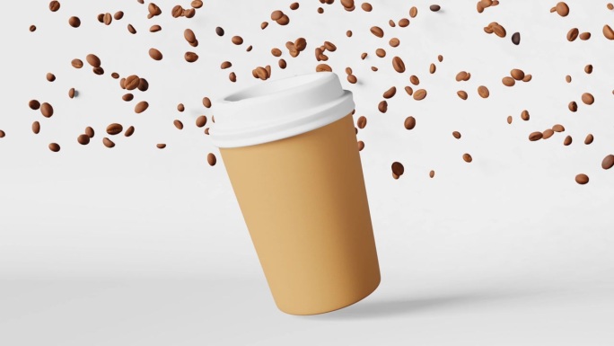 漂浮咖啡杯飞豆3D动画白底4K。咖啡去商店悬浮饮料热饮销售折扣产品设计模型飞行拿铁慢动作模糊品牌广告