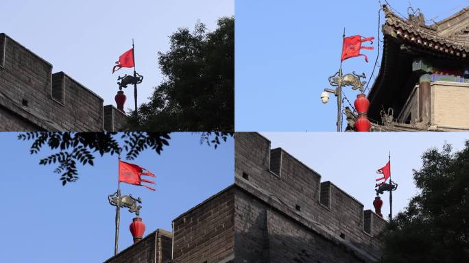 西安城墙上旗帜随风飘荡升格素材