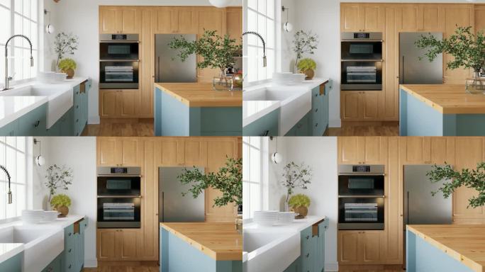 大型绿色u形厨房，带有岛台、木制台面和橱柜。漂亮时尚的厨房，厨房用具和用具。3 d动画。