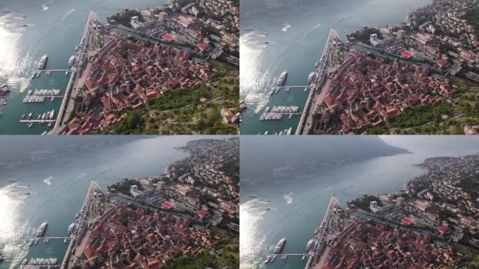科托尔黑山:沿海空中倾斜揭示老城和山脉