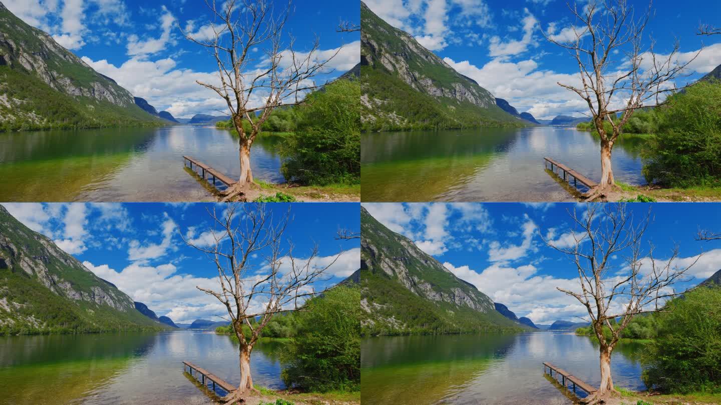 Bohinj湖和山脉的美景映衬着蓝色多云的天空