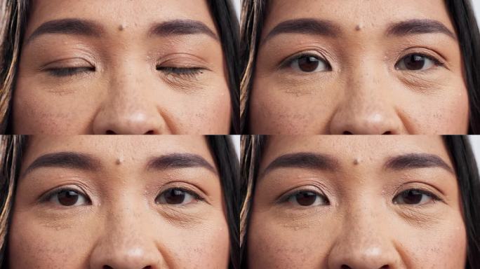 眼睛、脸部特写及女性用护肤品、睫毛及视力检查进行光学检查。肖像，微刮刀和眼睛护理的人从夏威夷眉毛治疗