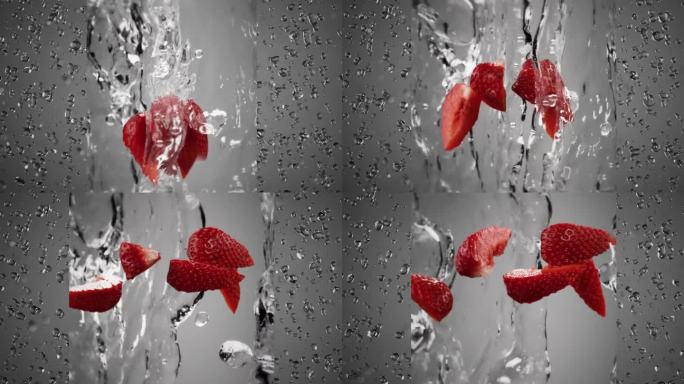 在慢动作的分屏中，用干净的水滴冲洗新鲜的草莓