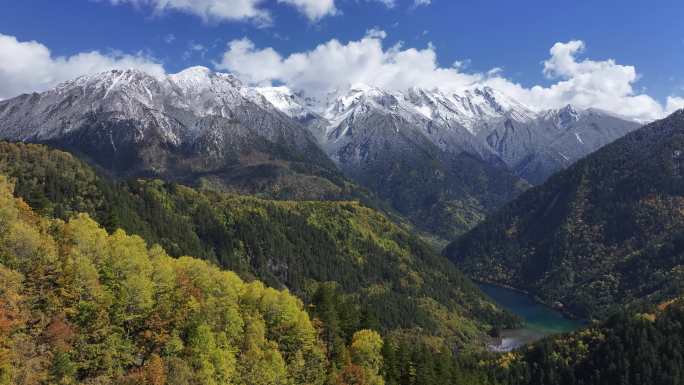 雪山彩林秋景航拍