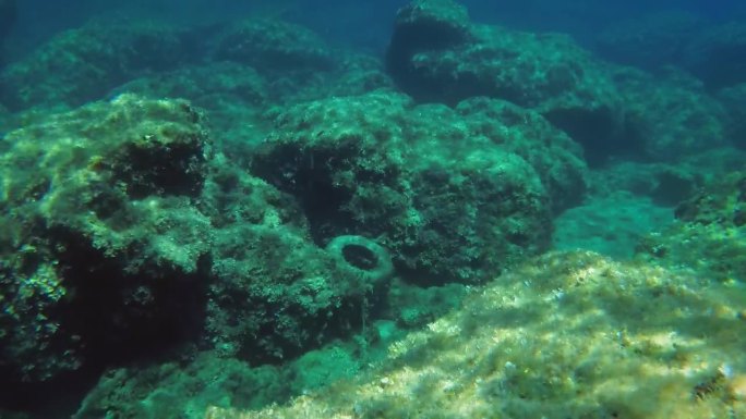 海洋污染:汽车轮胎在地中海一个偏远岛屿附近的海床上。