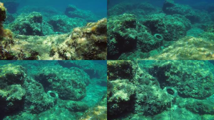 海洋污染:汽车轮胎在地中海一个偏远岛屿附近的海床上。