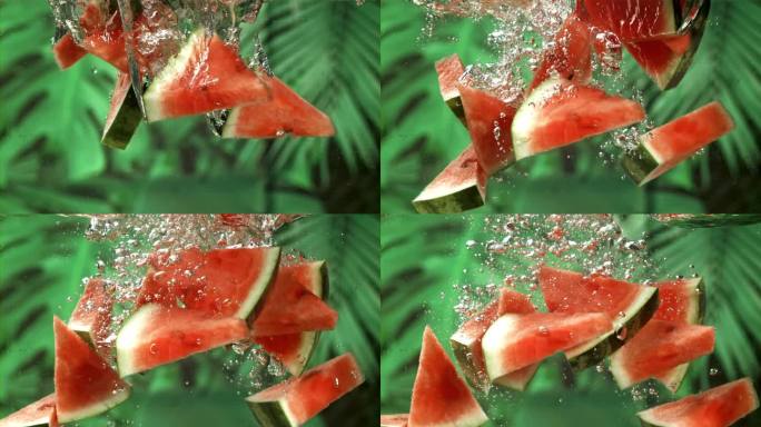 西瓜片掉在水里。用高速摄像机拍摄，每秒1000帧。