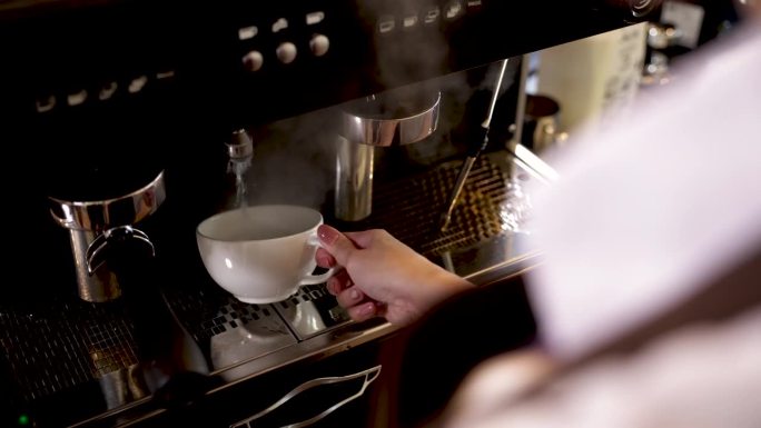 咖啡店生活方式小企业主的理念，女咖啡师手提供牛奶，以蒸汽奶泡沫为热卡布奇诺杯，员工或业务培训生学习开