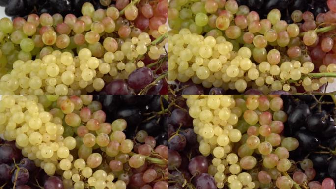 不同品种的新鲜葡萄作为背景旋转。葡萄特写，概念酿酒，葡萄酒生产，葡萄品种