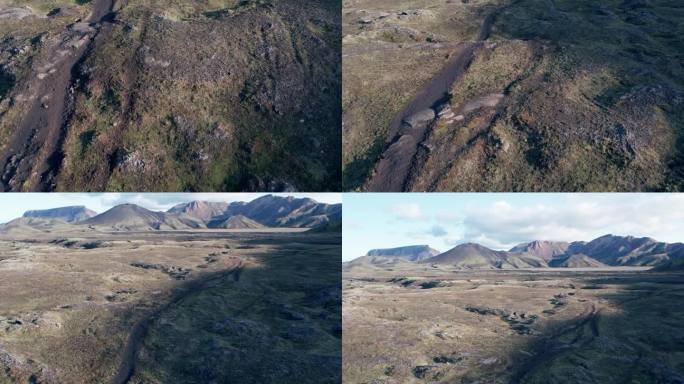 航拍:冰岛高地是迷人的和具有地质意义的景观。连绵不绝的山脉和火山是值得一看的风景。