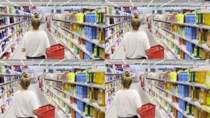在超市购物，阅读产品信息(尿布，洗涤剂)