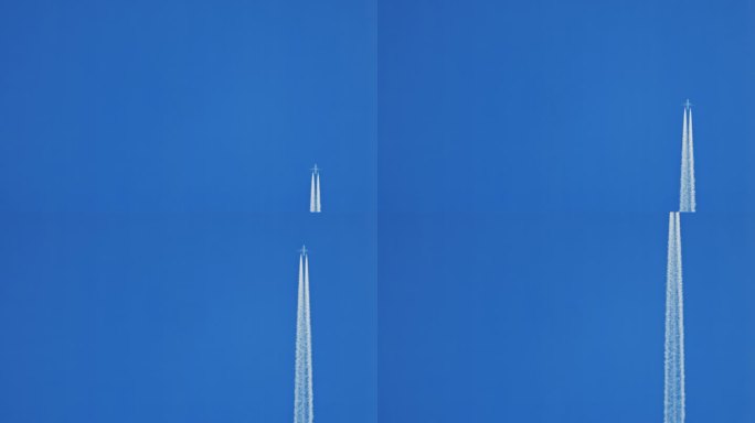 飞机在无云的蓝天中飞行时留下白色的蒸汽痕迹，有很多复制空间