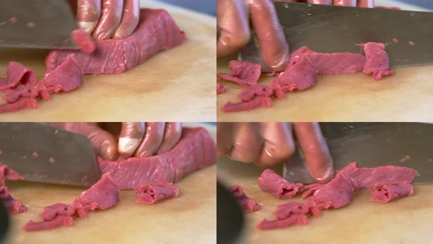 中国厨师精准切肉——原汁原味的场景。