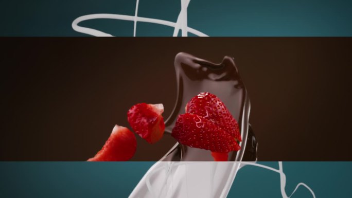 巧克力草莓和牛奶水平分割屏幕溅落的慢动作