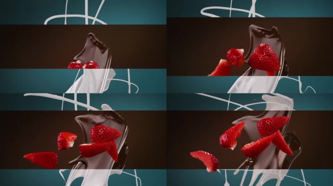巧克力草莓和牛奶水平分割屏幕溅落的慢动作