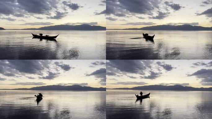 夕阳水上渔船泛舟