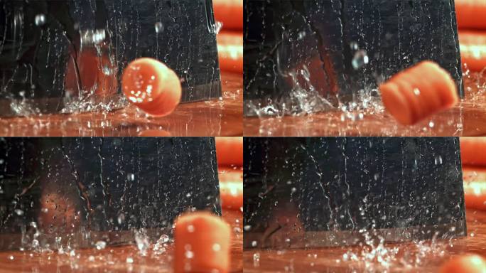 刀切胡萝卜溅出水花。用高速摄像机拍摄，每秒1000帧。