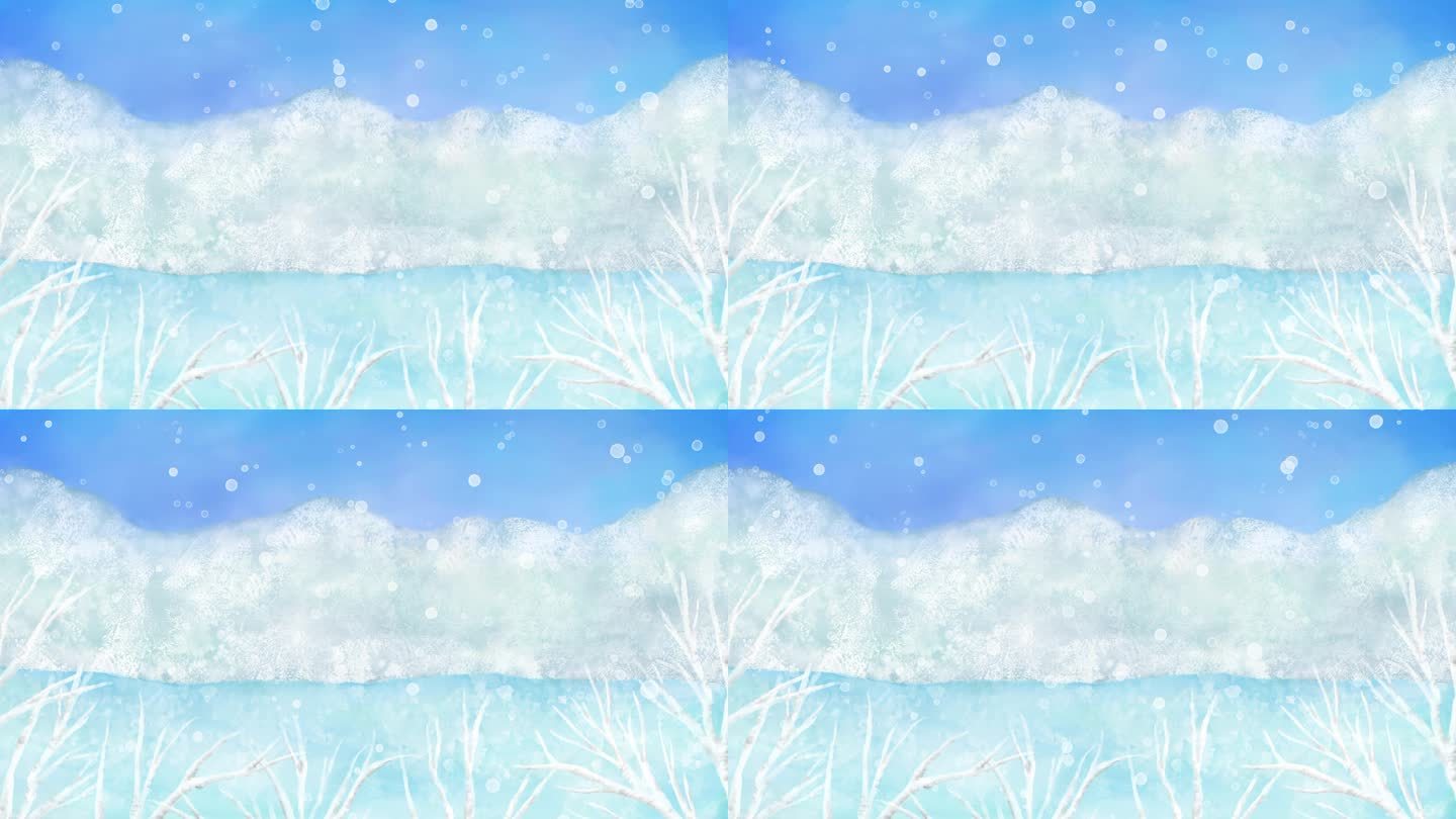 一个循环动画，雪不断落在冬天的山上，俯瞰冰冻的湖泊。