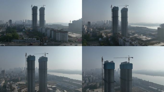 航拍襄阳樊城46层超高层住宅楼施工建筑