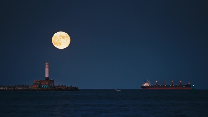 保加利亚瓦尔纳港海湾的海上地平线上的满月暮光景观和点亮的灯塔