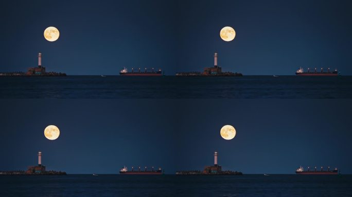 保加利亚瓦尔纳港海湾的海上地平线上的满月暮光景观和点亮的灯塔