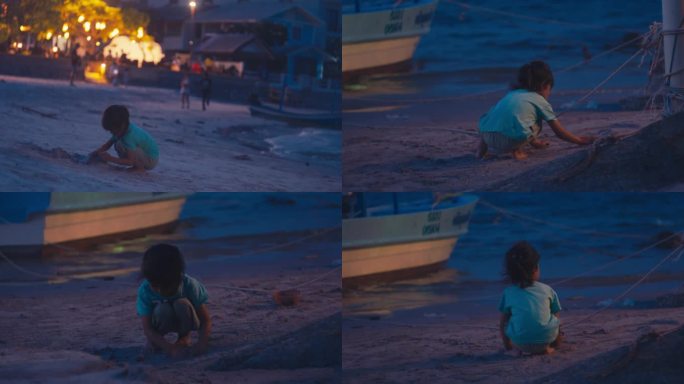 泰国华欣海边玩沙小女孩 人文风光情绪空镜