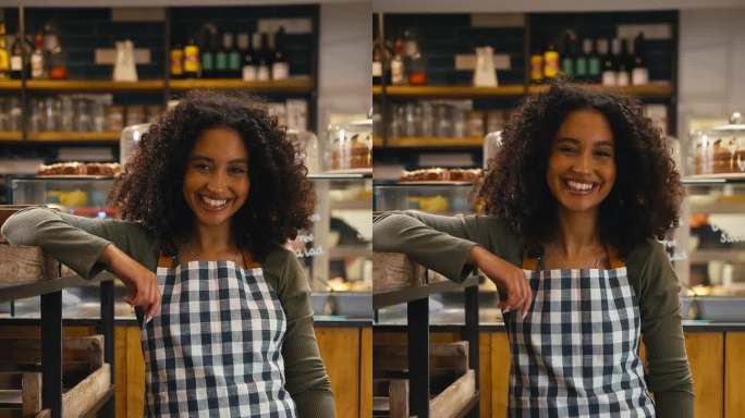 垂直视频肖像自信的年轻女子穿着围裙在食品店或咖啡馆工作