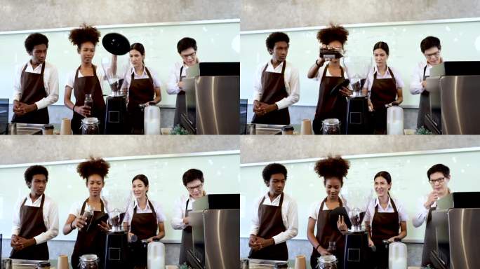 青年培训工作坊，餐厅服务课程，主任或老师在课堂上为咖啡师学生讲解咖啡机制作，创业小生意提升教学
