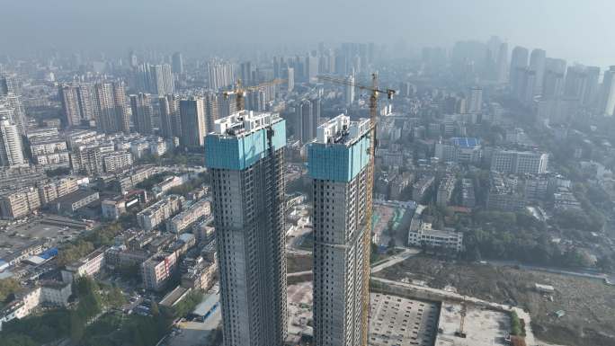 航拍襄阳樊城46层超高层住宅楼施工建筑