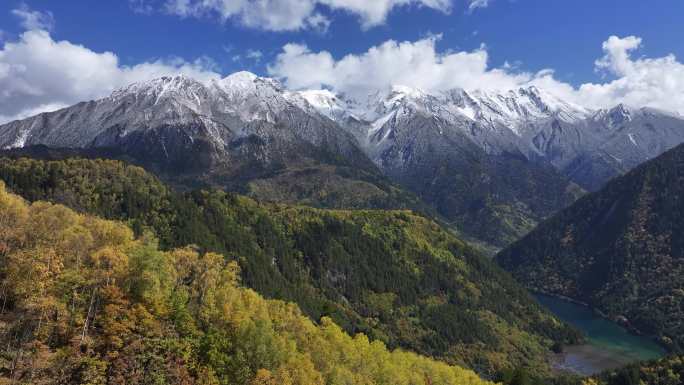 雪山彩林秋景航拍