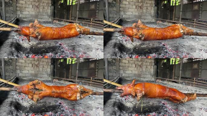 用传统的方法制作lecon。把整只猪放在炭火上烤。