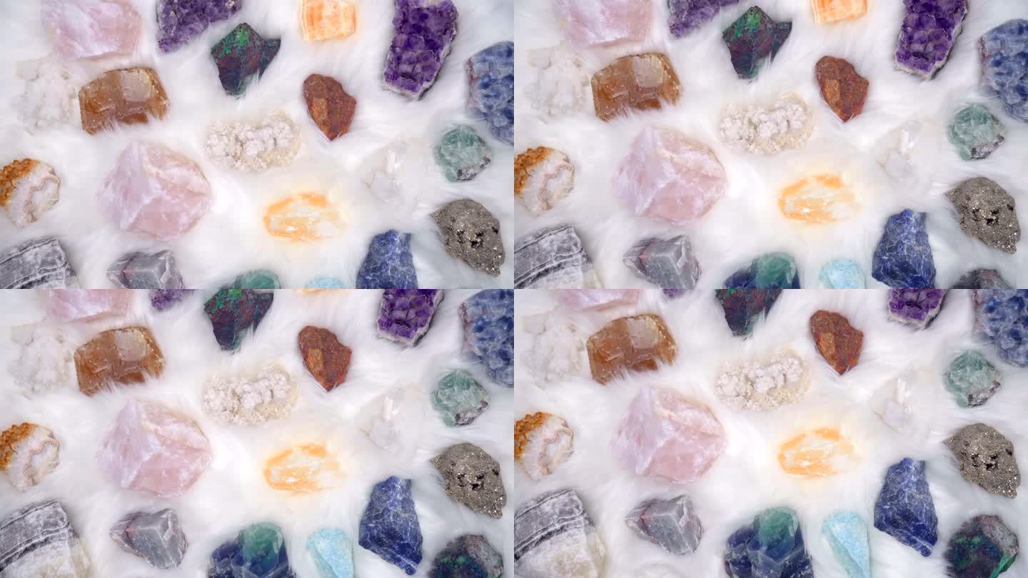 石英晶体的不同形状和颜色的变化为水晶愈合冥想和矿物能量治疗光背景窗格拍摄