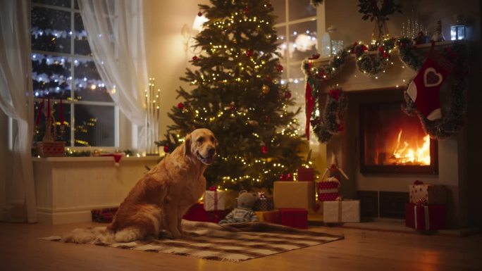可爱的纯种金毛猎犬在冬日的雪夜里享受温暖:狗狗在装饰着圣诞装饰品、花环和长袜的壁炉旁休息。神奇的假期
