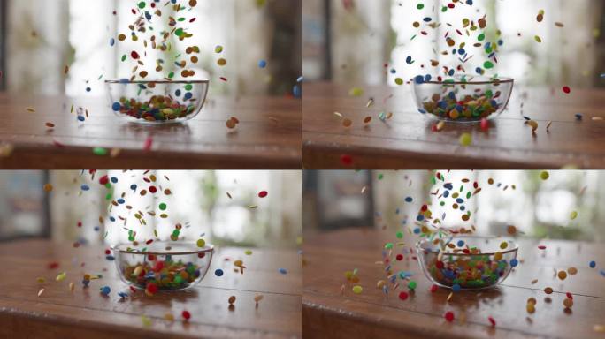 巧克力小扁豆落入玻璃碗的侧面慢镜头