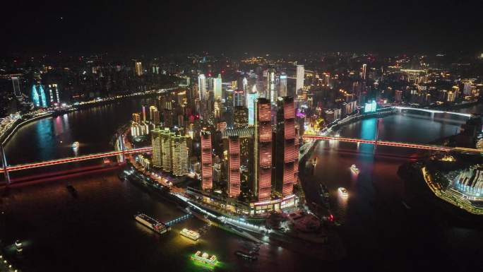 重庆来福士晚霞夜景航拍