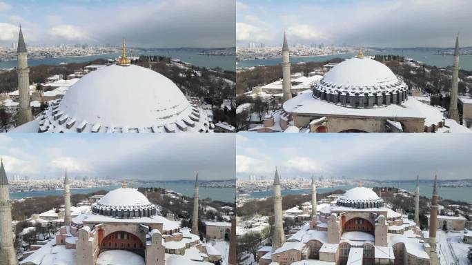 圣索菲亚清真寺(Ayasofya Cami)在冬季无人机视频，苏丹艾哈迈德广场法提赫，伊斯坦布尔土耳