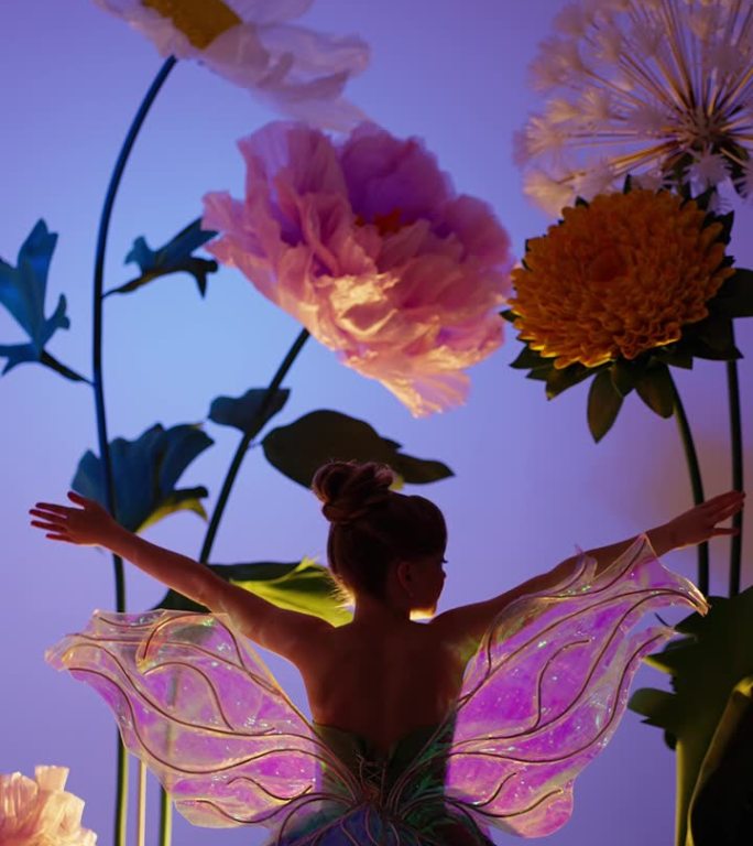 一个女孩在花的背景上穿着蝴蝶服装