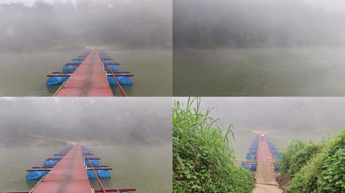 小桥河面浮桥晨雾河水浮桥蒸气升腾江面烟雾