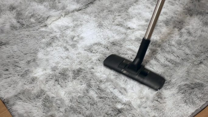 吸尘器正在家用地毯上吸尘，正在清理银灰色地毯