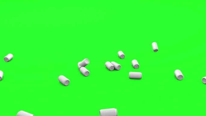 落在绿色屏幕上的铝罐。3 d动画。