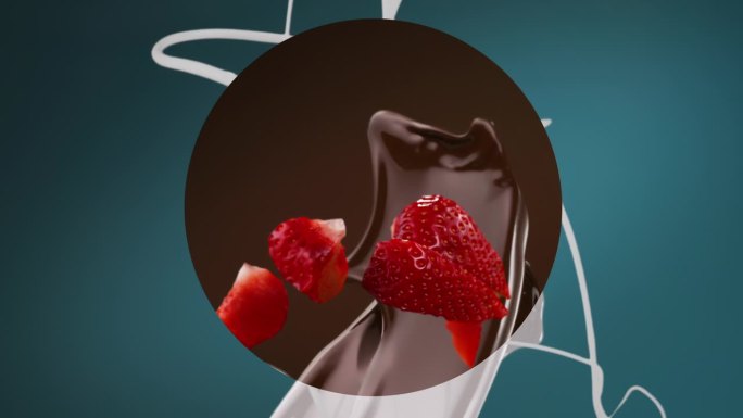 巧克力草莓片和牛奶的圆形分割屏溅落的慢动作