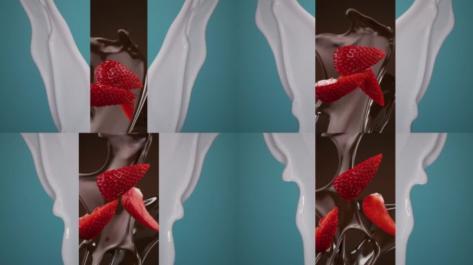 巧克力草莓和牛奶分屏溅落的慢动作
