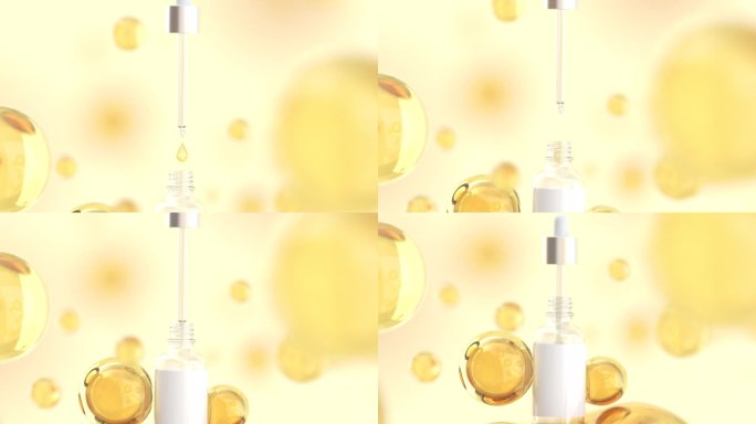 3D动画黄金精华液豪华滴入瓶包装与黄金气泡周围。
