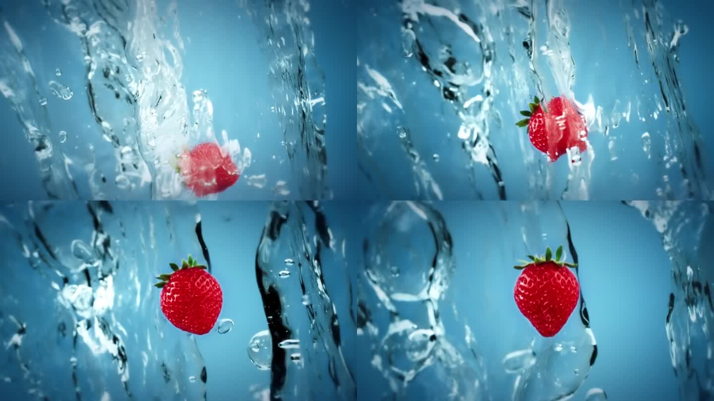新鲜的草莓被抛向空中，水滴在慢动作中溅落