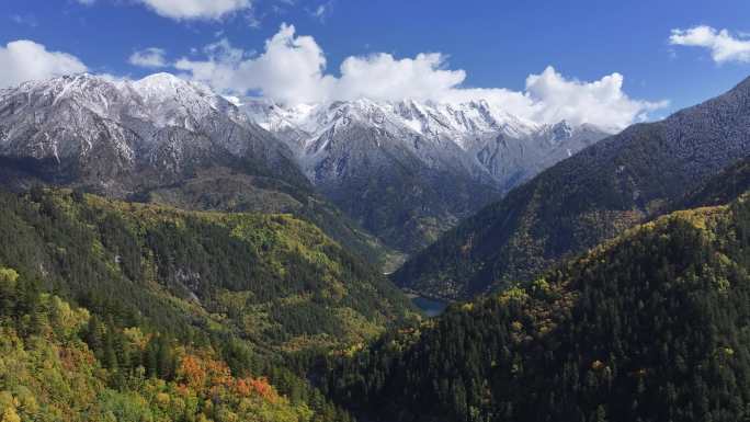 雪山彩林蓝天白云航拍