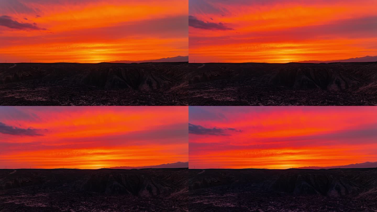 火红色的天空戈壁荒漠风光延时