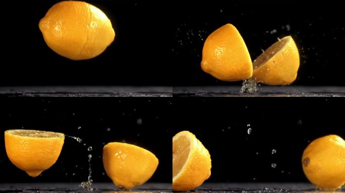 柠檬掉下来摔成两半。用高速摄像机拍摄，每秒1000帧。
