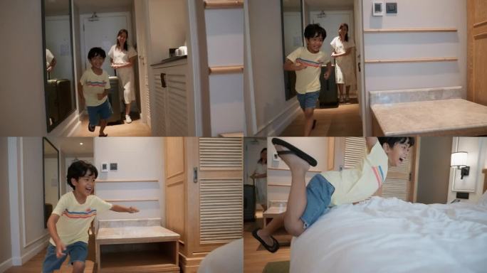 一个小男孩和他的家人走进酒店房间，跑到酒店房间的床上。