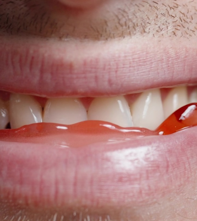 垂直视频。一名大胡子男子慢慢走近镜头，嘴里叼着吸血鬼尖牙形状的软糖。